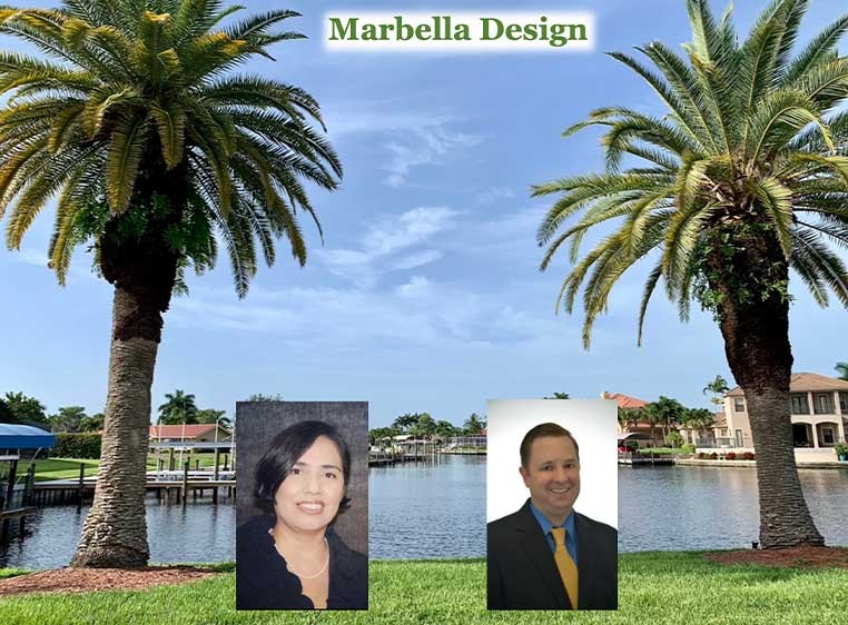 Two portraits of the dealership owners between two palm trees